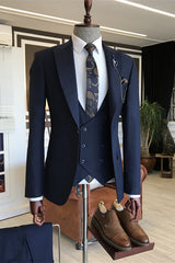 Formal Navy Blue Peaked Lapel 3-Piece Business Suit