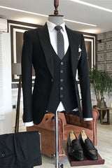 Formal Black Peaked Lapel 3-Piece Business Suit