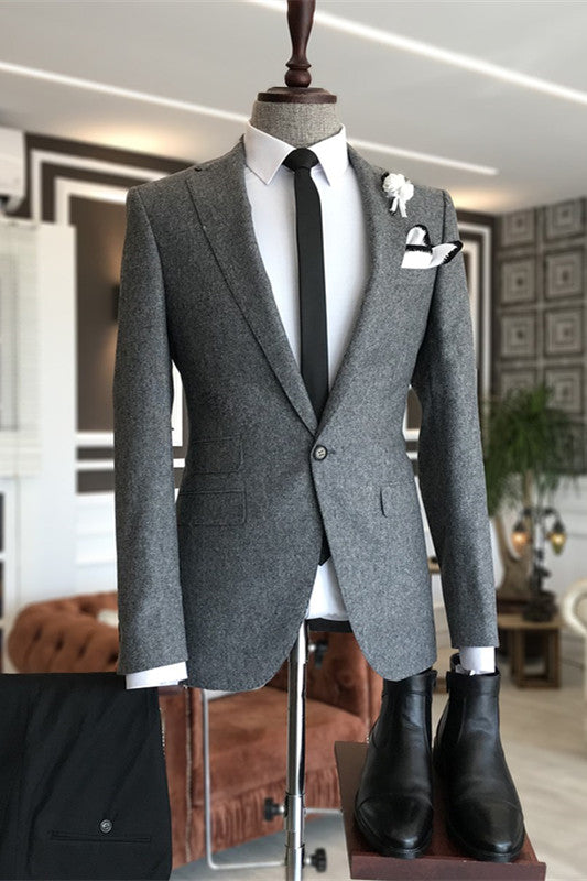 Simple Deep Gray Notched Lapel Men's Business Suit