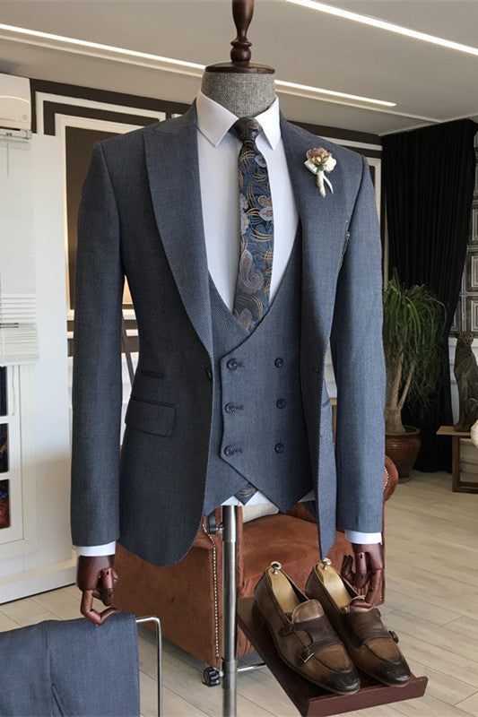 Deep Gray Three-Piece Peaked Lapel Business Suit