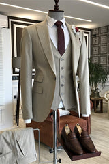 Light Khaki Striped Three-Piece Peaked Lapel Business Suit