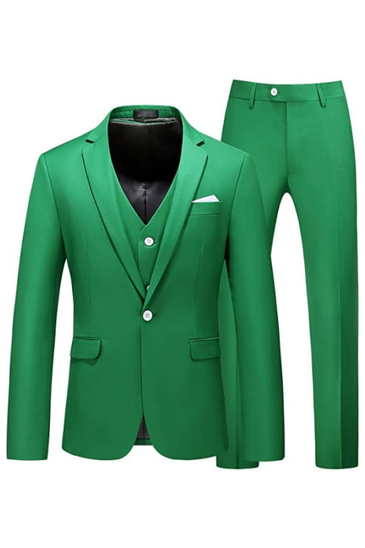 Green Three-Piece Notched Lapel Prom Suit