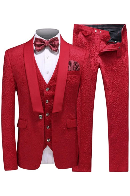 Red Jacquard Three-Piece Shawl Lapel Wedding Suit