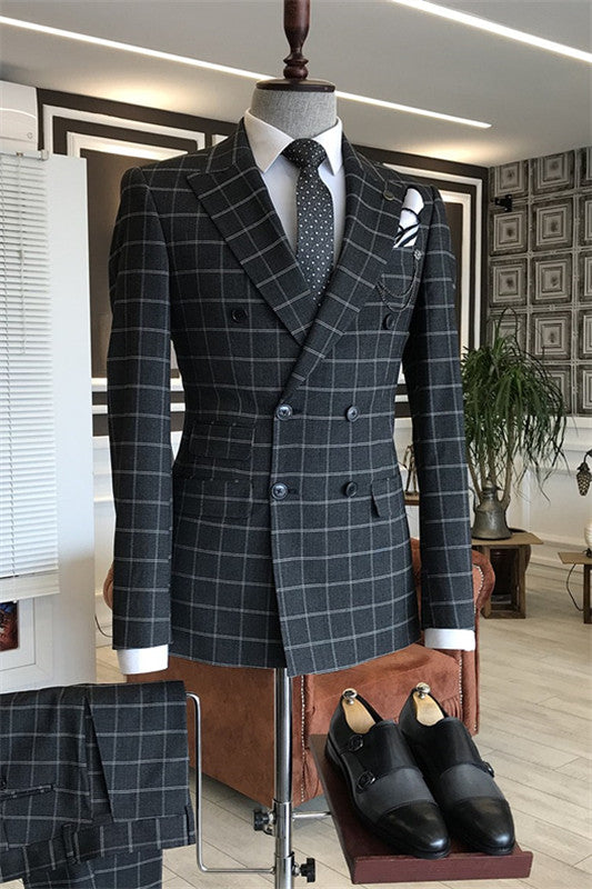 Black Double-Breasted Peaked Lapel Plaid Business Suit