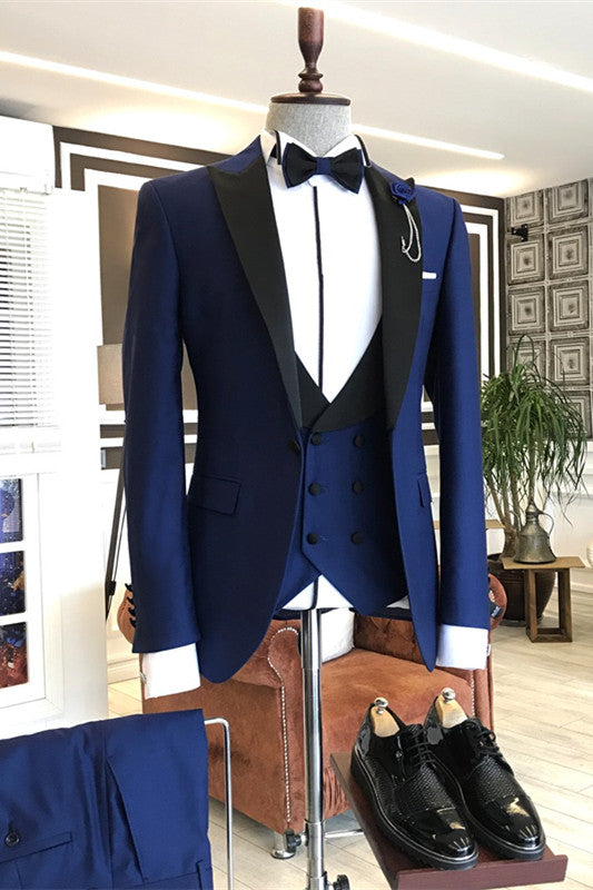 Blue Peaked Lapel 3-Piece Close Fitting Prom Suit