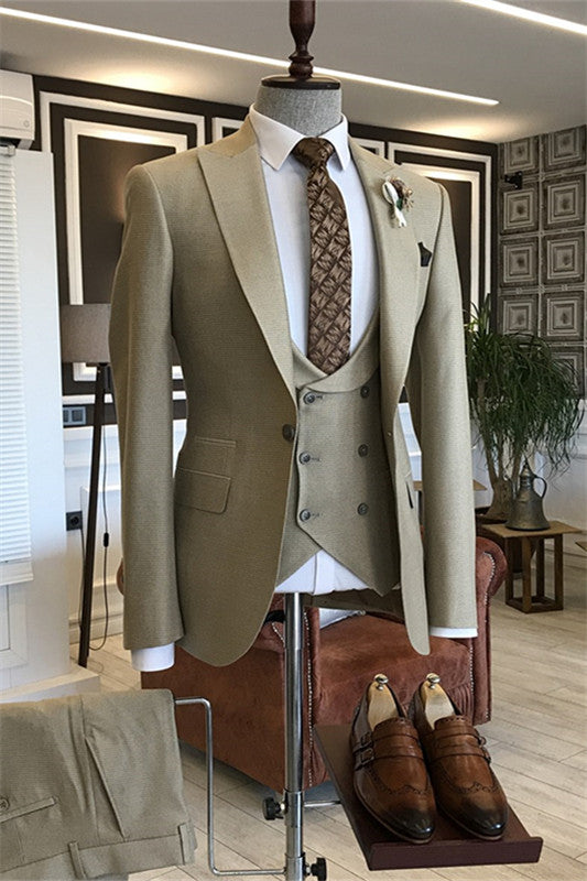 Bespoke Khaki Peaked Lapel 3-Piece Men's Prom Suit