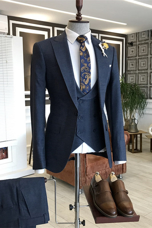 Navy Blue Three-Piece Peaked Lapel Business Suit