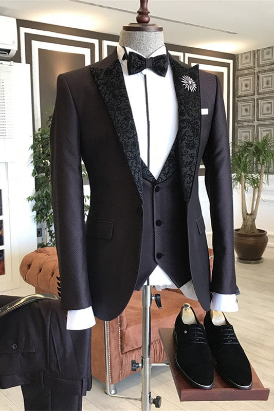 Deep Wine Three-Piece Prom Suit with Black Jacquard Peaked Lapel