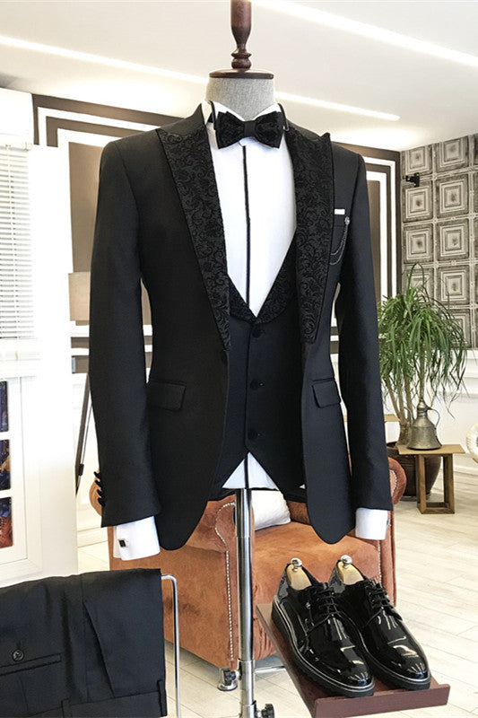 Black Three-Piece Prom Suit with Jacquard Peaked Lapel