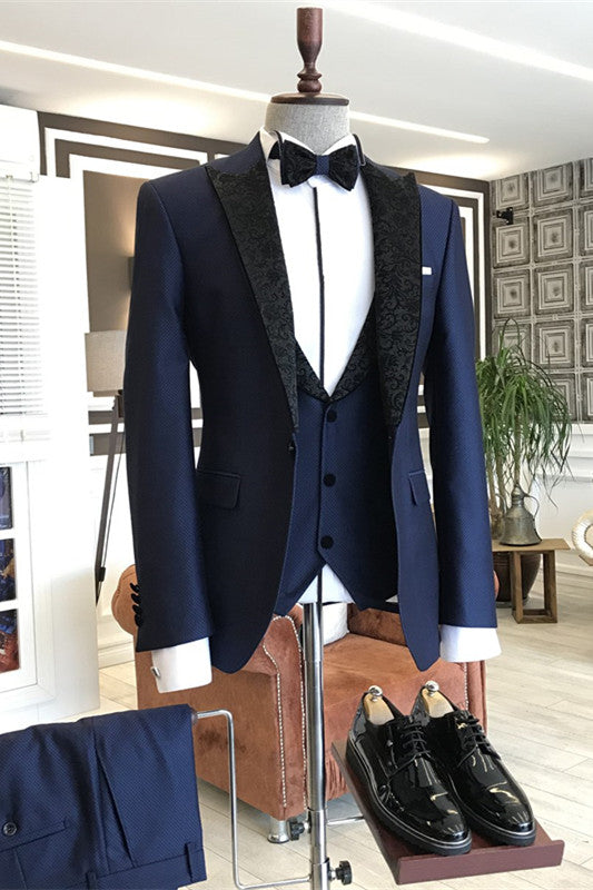 Navy Blue Three-Piece Prom Suit with Black Jacquard Peaked Lapel