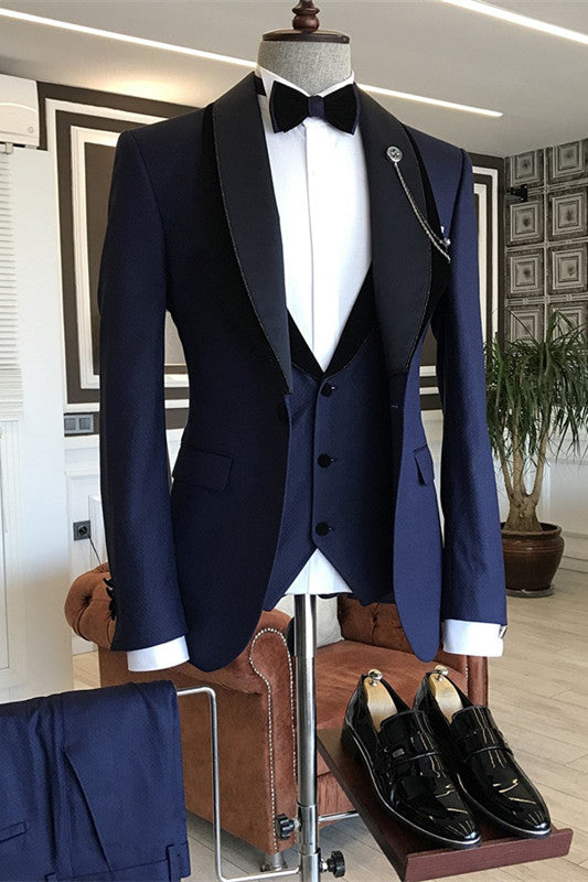 Navy Blue Three-Piece Shawl Lapel Wedding Suit