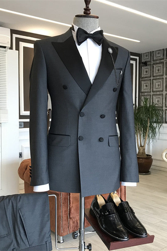 Deep Gray Double-Breasted Peaked Lapel Business Suit