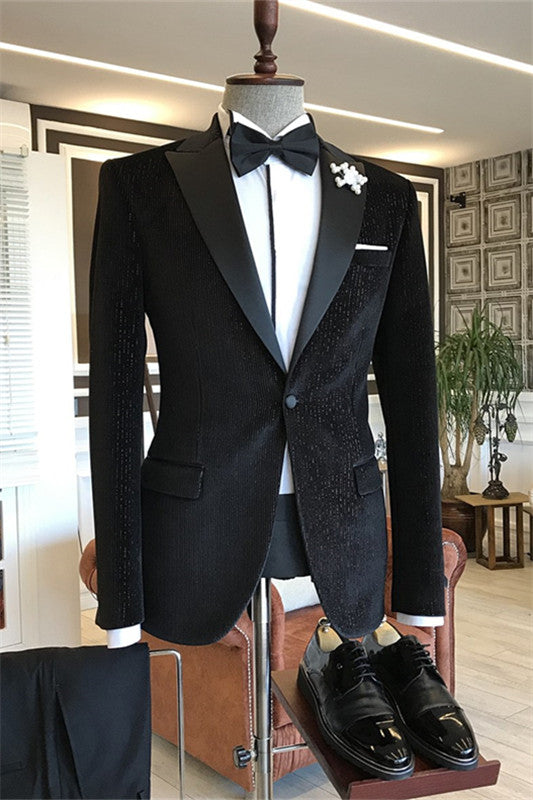 Black Peaked Lapel 2-Piece Bespoke Corduroy Men's Prom Suit