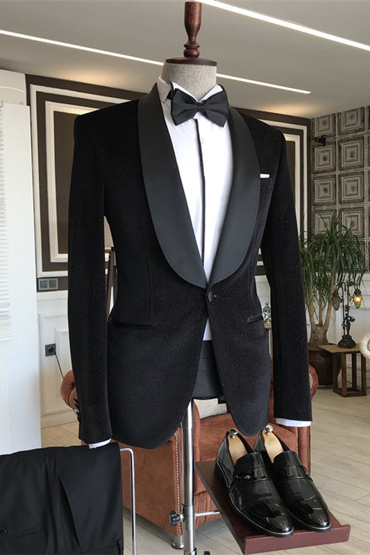 Bespoke Black Shawl Lapel 2-Piece Velvet Suit for Wedding