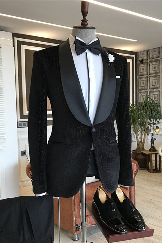 Simple Black Shawl Lapel 2-Piece Corduroy Wedding Suit