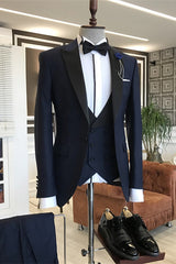 Navy Blue Three-Piece Slim Fit Peaked Lapel Business Suit