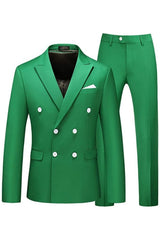 Modern Green Peaked Lapel Double Breasted Prom Suit