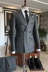 Chic Deep Gray Peaked Lapel Double Breasted Plaid Men's Business Suit