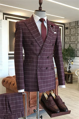 Stylish Wine Peaked Lapel Plaid Men's Business Suit