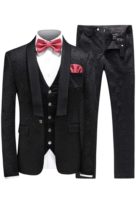 Fashion Black Shawl Lapel 3-Piece Jacquard Men's Wedding Suit