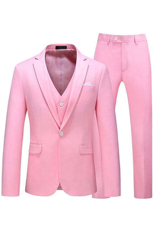 Fancy Pink Notched Lapel 3-Piece Prom Suit