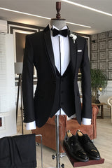 Black Three-Piece Notched Lapel Business Suit