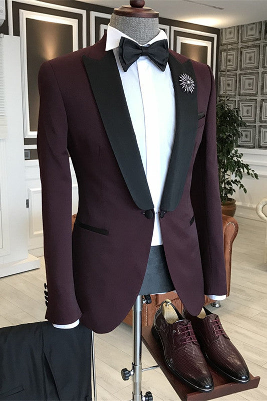 Deep Wine Peaked Lapel 2-Piece Slim Suit for Prom