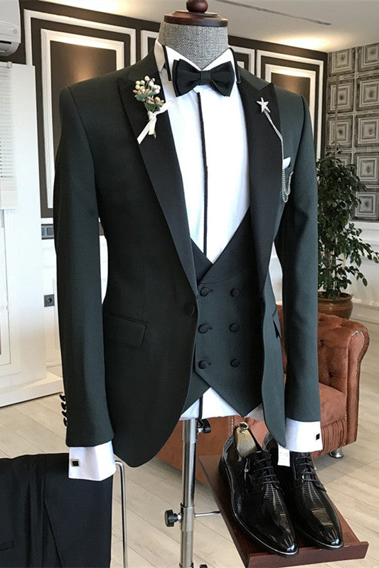 Dark Green 3-Piece Chic Business Suit with Black Peaked Lapel