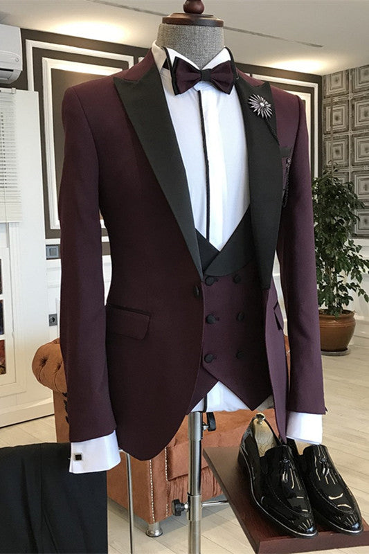 Deep Wine 3-Piece Glamorous Business Suit with Black Peaked Lapel