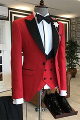 Stylish Red 3-Piece Prom Suit with Black Peaked Lapel