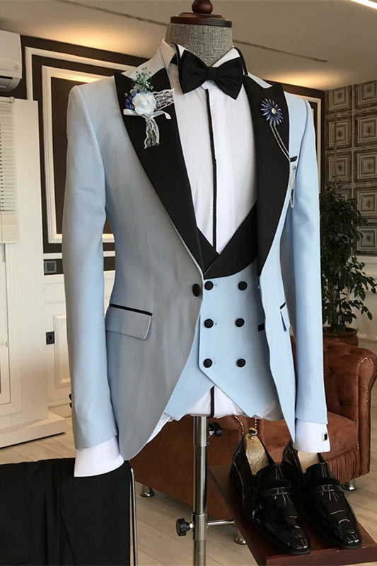 Light Blue Three-Piece Close-Fitting Peaked Lapel Prom Suit