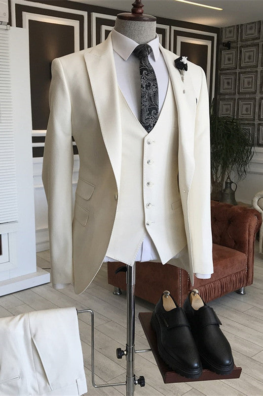 White Three-Piece Peaked Lapel Prom Suit