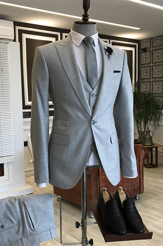 Light Gray Peaked Lapel 3-Piece Simple Business Suit