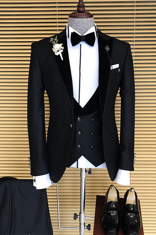 Black Peaked Lapel 3-Piece Slim Fit Business Suit