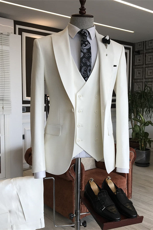 White Three-Piece Peaked Lapel Prom Suit