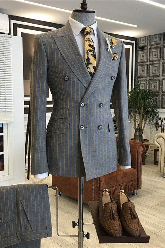 Fancy Gray Peaked Lapel Double Breasted Striped Business Suit