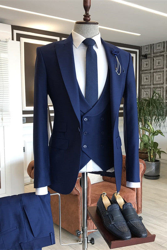 Blue Three-Piece Peaked Lapel Prom Suit