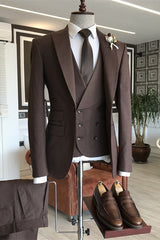 Brown Three-Piece Peaked Lapel Business Suit