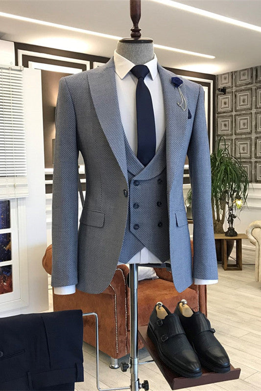 Chic Blue Peaked Lapel 3-Piece Men's Prom Suit