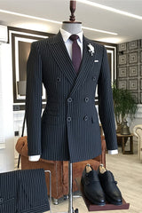 Formal Navy Blue Peaked Lapel Double Breasted Striped Business Suit