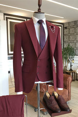 Burgundy Three-Piece Peaked Lapel Prom Suit