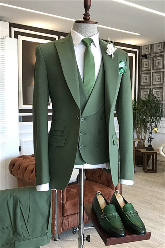 Modern Deep Sage Peaked Lapel 3-Piece Prom Suit