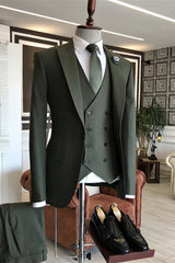 Dark Green Three-Piece Peaked Lapel Prom Suit