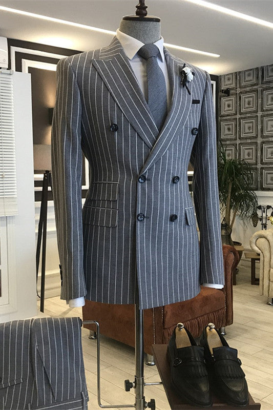 Deep Gray Striped Peaked Lapel Double Breasted Formal Business Suit