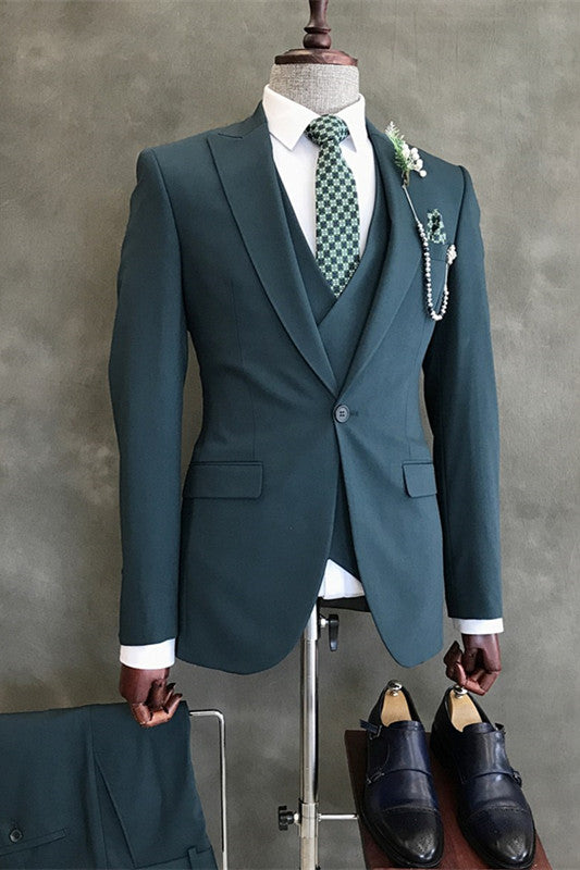 Glamorous Cyan Peaked Lapel 3-Piece Business Suit