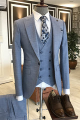 Dusty Blue Peaked Lapel 3-Piece Slim Business Suit