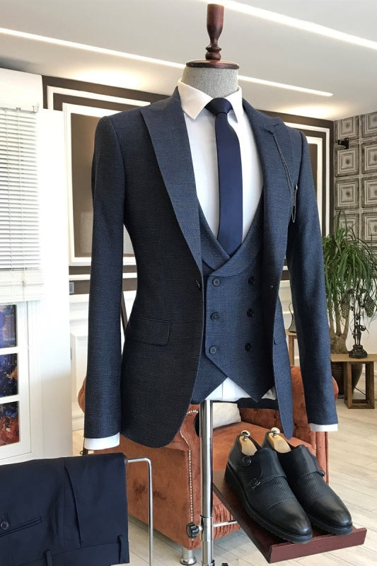 Navy Blue Three-Piece Peaked Lapel Business Suit