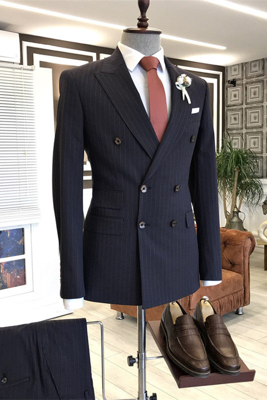 Black Double-Breasted Peaked Lapel Striped Business Suit