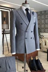 Gray Striped Peaked Lapel Double Breasted Business Suit