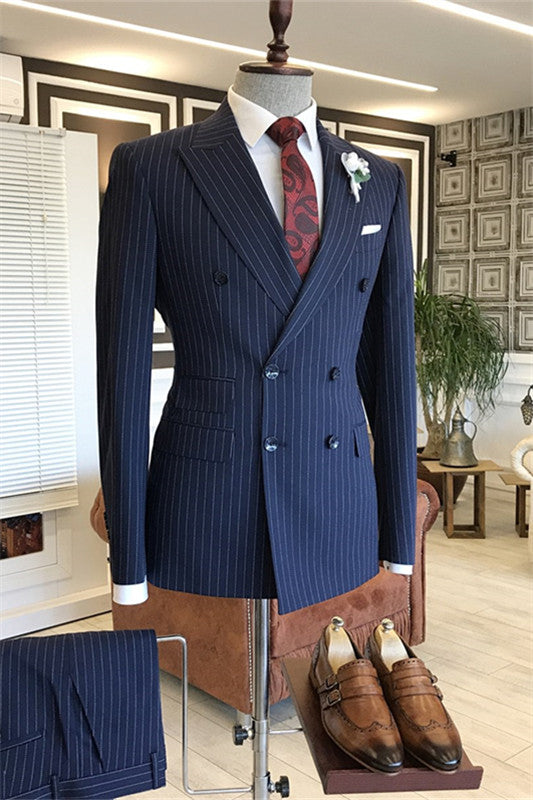 Fancy Deep Blue Peaked Lapel Double Breasted Striped Business Suit